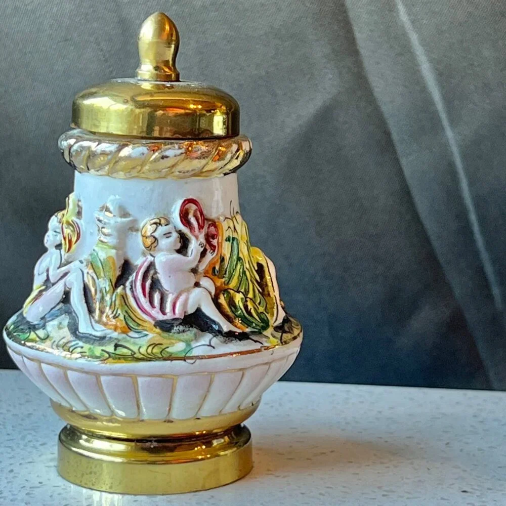 Capodimonte Ceramic & Brass Salt Shaker & Pepper Mill